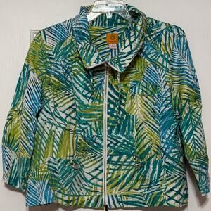 Ruby Rd. Linen Blend Palm Leaf Tropical Print Zip Up Jacket, Size 16